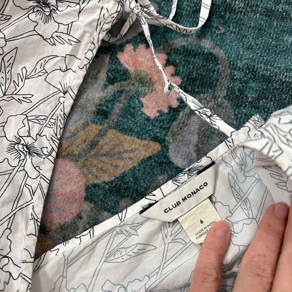 Club Monaco Mini Dress Size 6 White Black Line Floral Print Double V Puff Sleeve - Picture 16 of 16